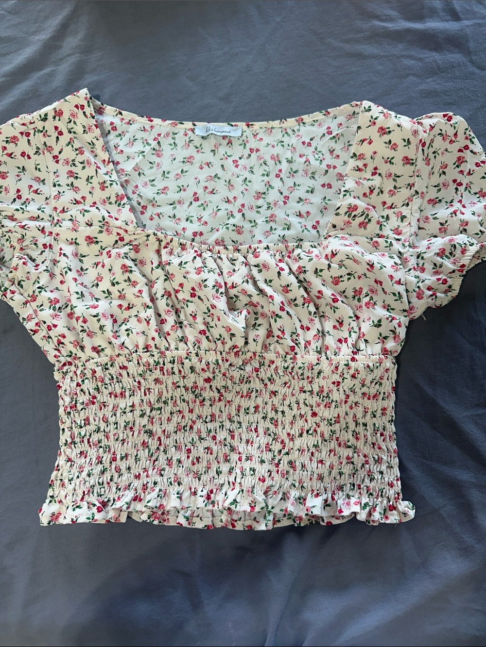 Revamped Cream Floral Smocked Crop Top with Pink Rose Print